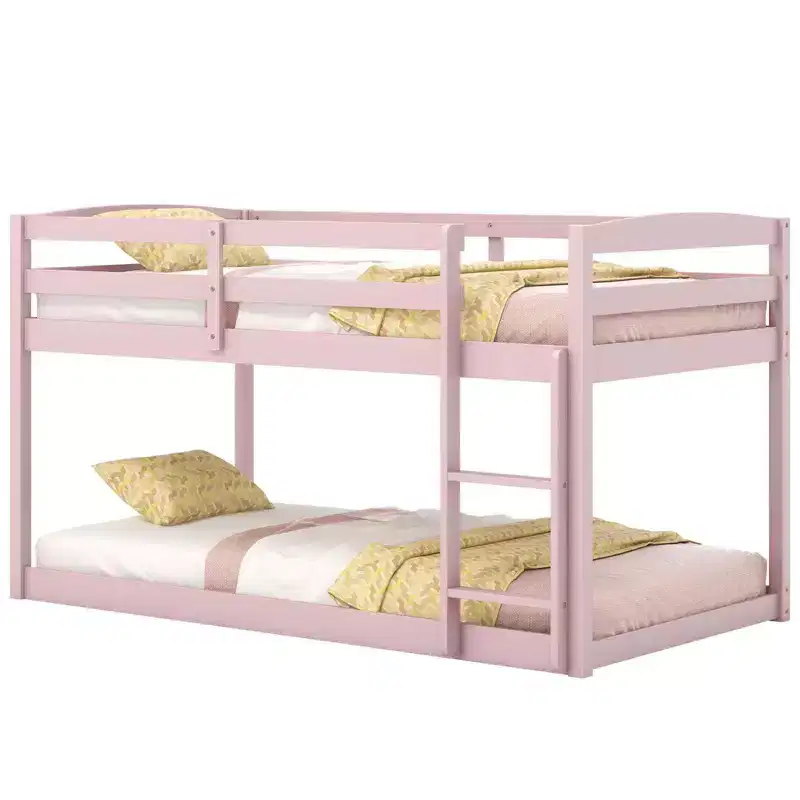 Costway Twin over Twin Low Bunk Bed with Guardrails Integrated Ladder Kids Wooden Grey/White/Beige/Pink