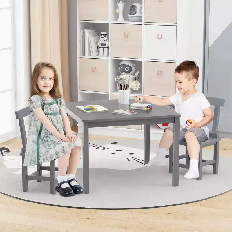 Costway Wooden Kids Table and 2 Chairs Set with Rubber Wood Legs Anti-slip Foot Pads White/Gray