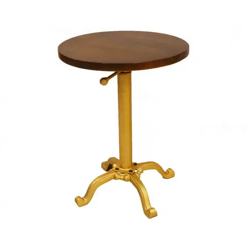 Adjustable Vintage Accent Table Gold: 24" High, Round Mango Wood Top, Metal Frame