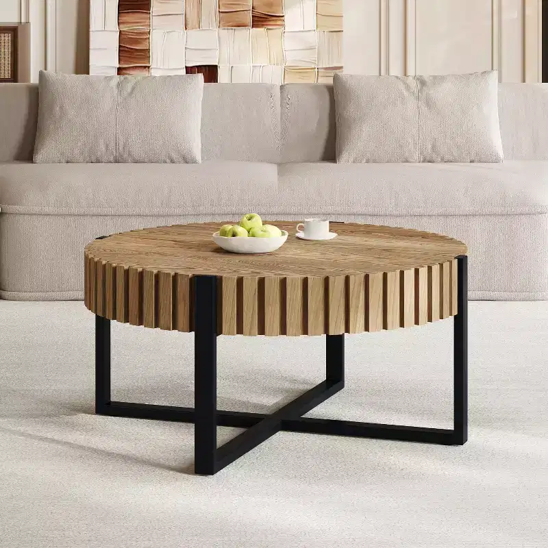 Industrial Round Drum Coffee Table, Gear-Inspired Design, MDF & Iron Base