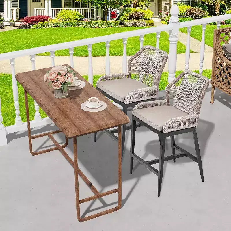 Rattan Counter Stools, Set of 2 Outdoor Bar Chairs with Backrest and Aluminum Frame, Natural Finish