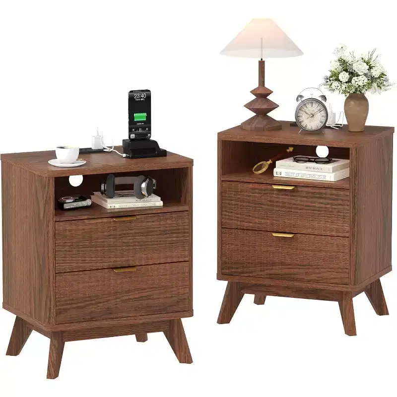 Fluted Nightstand with USB Ports, 2 Drawers and Open Shelf