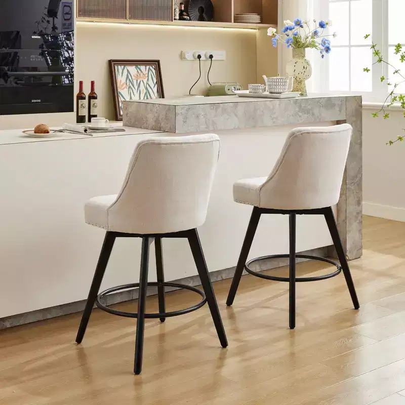Set of 2 Modern Swivel Bar Stools, 26 Counter Height Bar Chairs with Back and Wooden Legs, Upholstered Kitchen Barstools for Kitchen, Dining