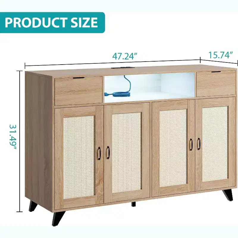 Rattan Sideboard Buffet Cabinet with 2 Drawers Storage, Boho Wooden Sideboard With Charging Station and LED Lights, for Living Room