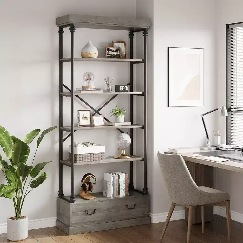COZONY 5-Tier Vintage Bookshelf with Drawer - Industrial Tall Bookcase Storage Shelf with Metal Frame for Living Room, Office