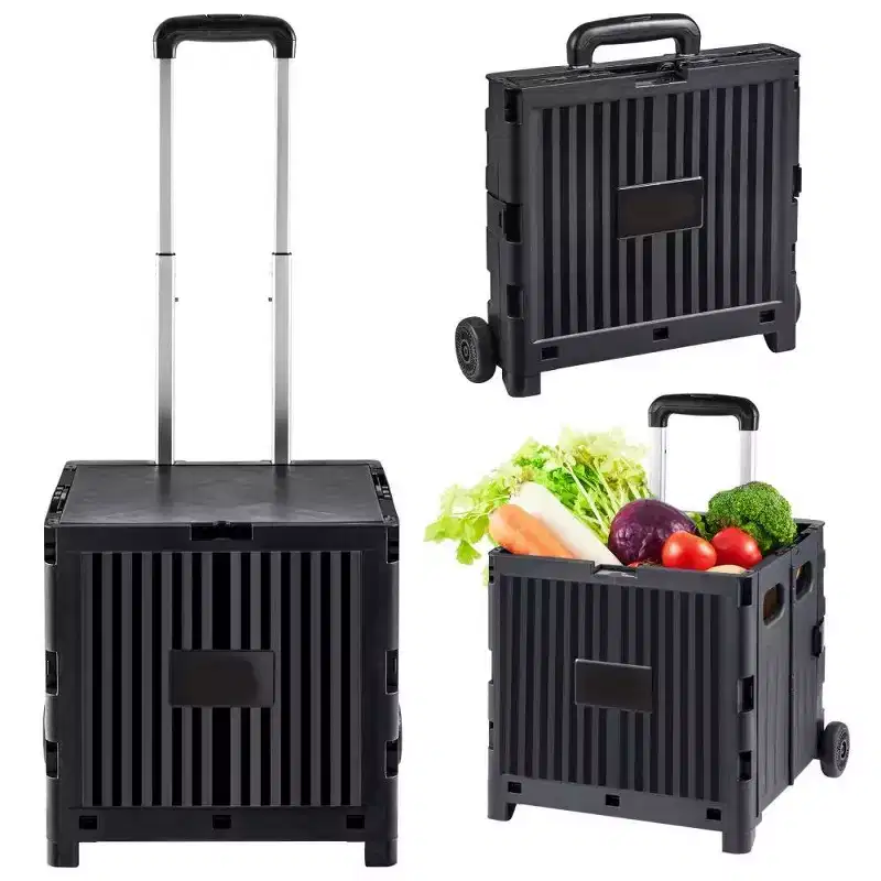 Foldable Utility Cart with Telescoping Handle, 80 lb Capacity Portable Rolling Crate Handcart for Travel, Shopping and Office Use, Black