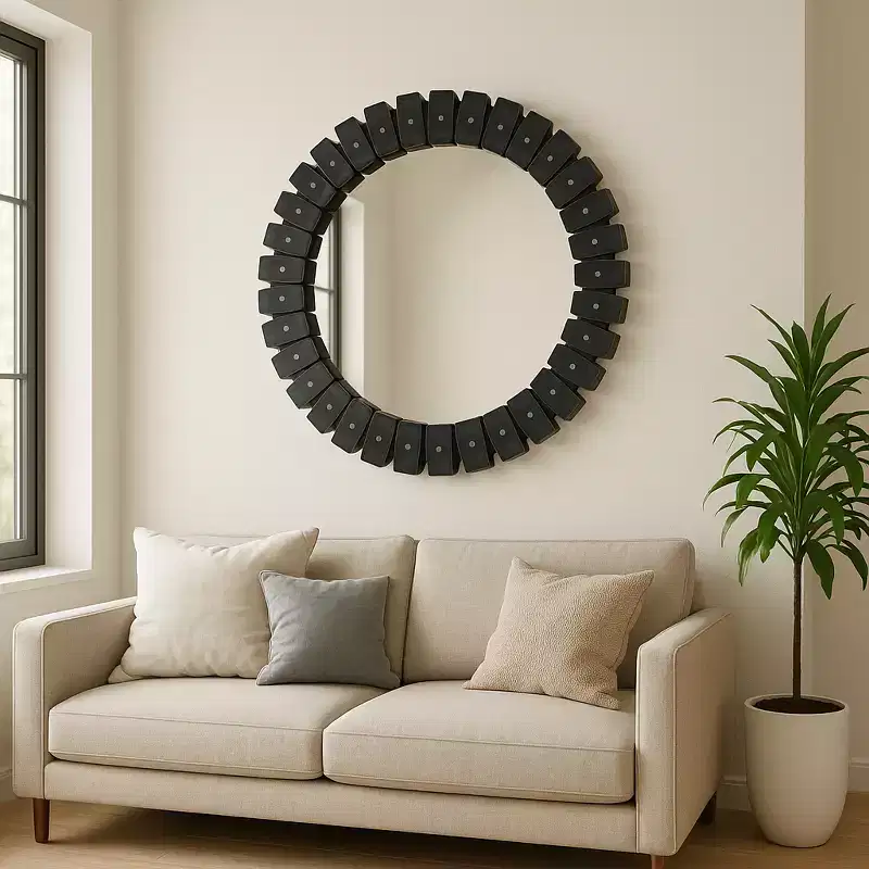 Decorative Large Round Marble Tile Mirror for Bedroom Decor - Contemporary Wall Mirror for Bathroom, Dorms, and Hallway Accent Decor - 35, Black