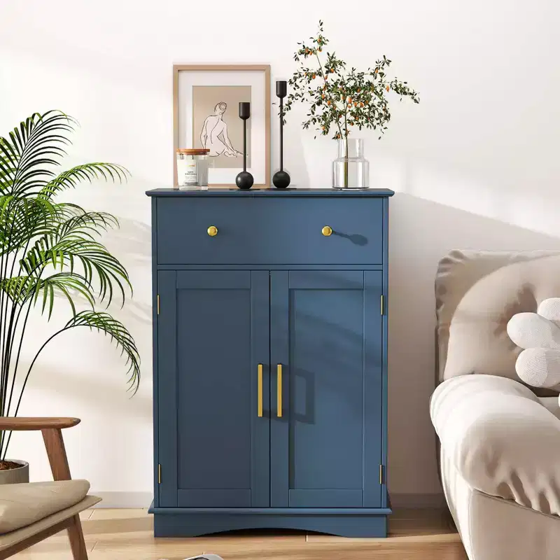 Costway Bathroom Floor Cabinet Modern Storage Cabinet with Large Pull-out Drawer,2 Doors Black/Blue/Gray/White/Black+White