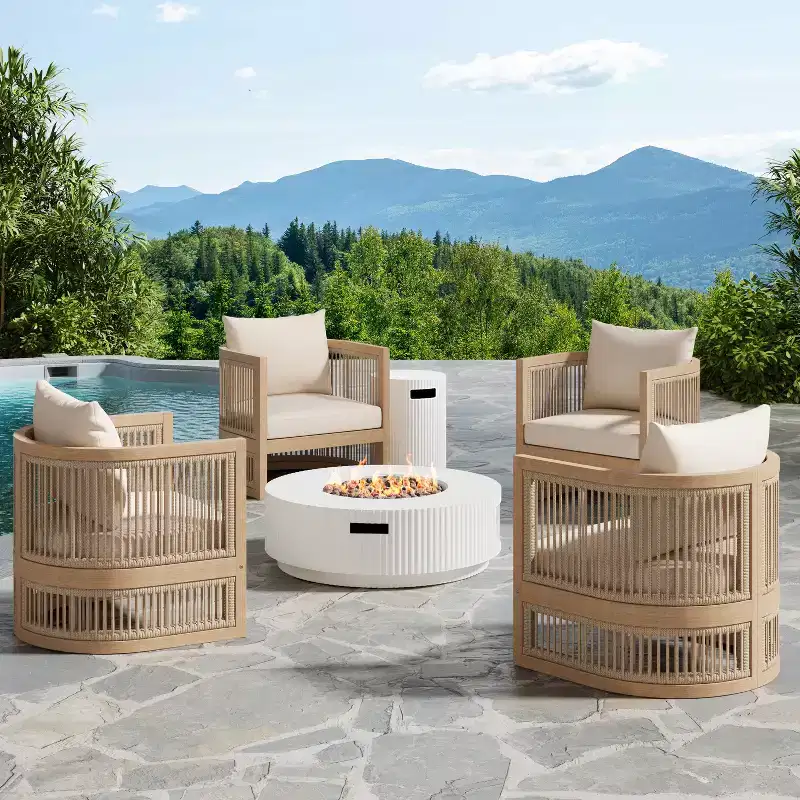 Christopher Knight Home Tirian 6-Piece Patio Acacia Wood Seating Set with Lightweight Concrete Fire Pit Table