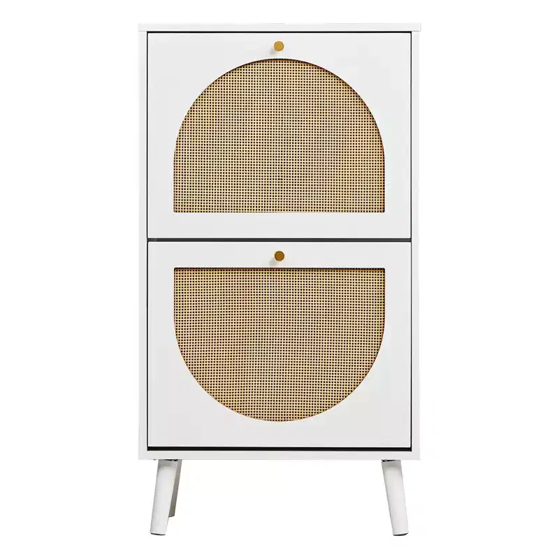 White 2-Door Flip Shoe Cabinet with Rattan Front, Holds 12 Pairs