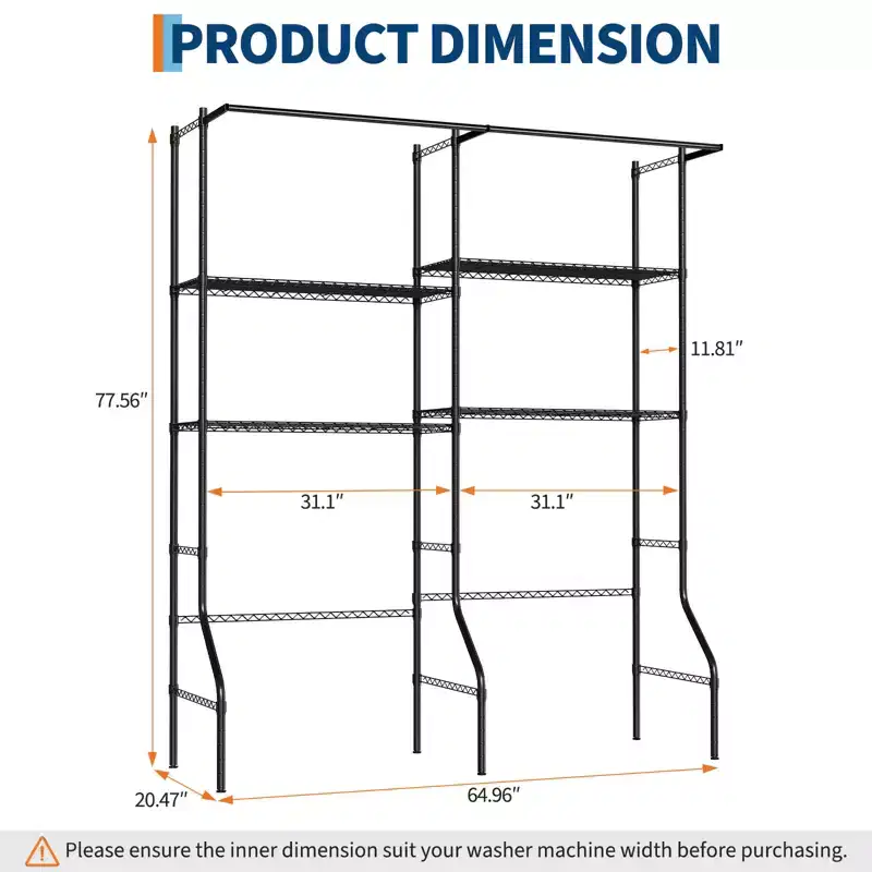 Over Washer and Dryer Storage Shelf, Adjustable 4-Tier Laundry Organizer with Hanging Rods and Hooks for Laundry Room Space Saving
