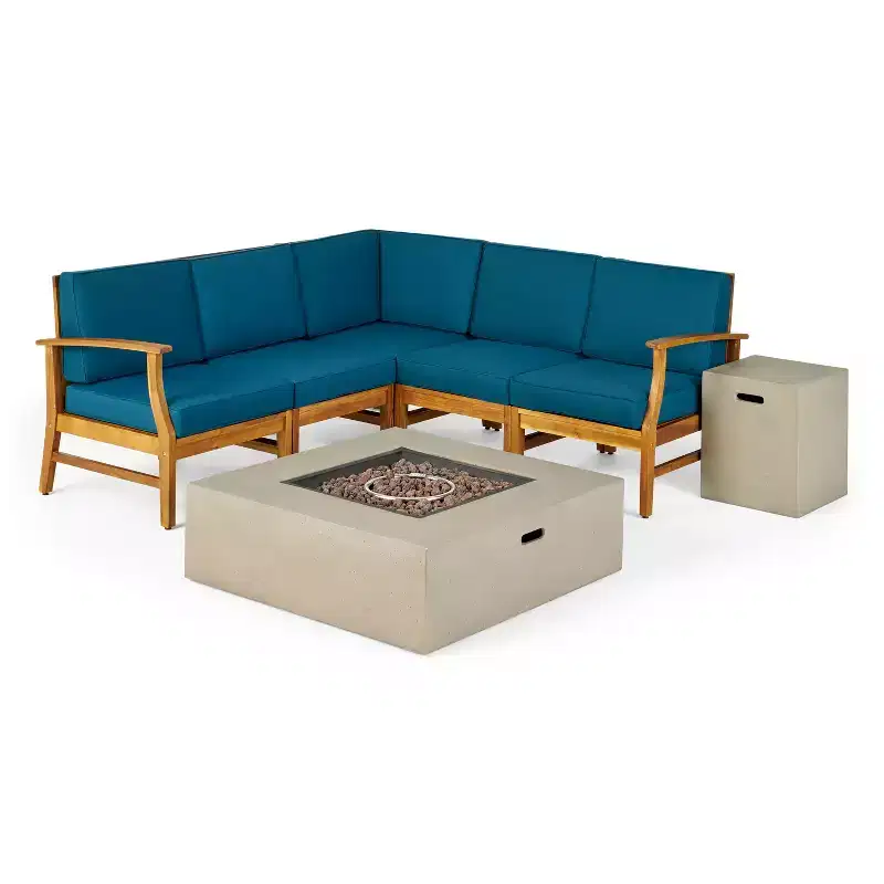 GDFStudio Biella Outdoor Acacia Wood 5 Seater Sectional Sofa Set with Fire Pit