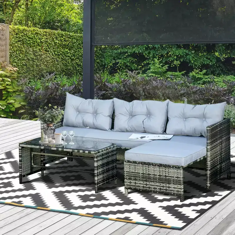 Outsunny 3 Piece Patio Furniture Set, Rattan Outdoor Sofa Set with Chaise Lounge & Loveseat, Cushions, Table, L-Shaped Sectional Couch, Light Gray