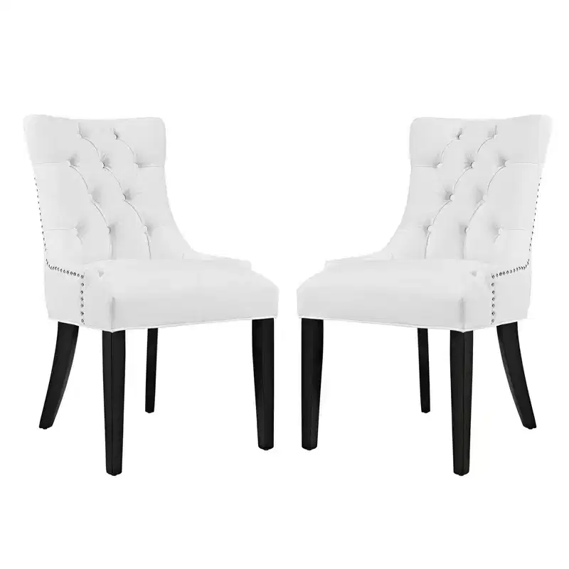 Set of 2 Tufted Nailhead Dining Side Chairs, White Vinyl, Wood Legs, 287 lb Capacity