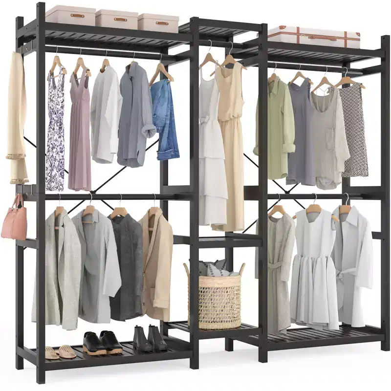 70-In Bamboo Garment Rack with 5 Hanging Rods, Freestanding Closet System with Shelves - Black