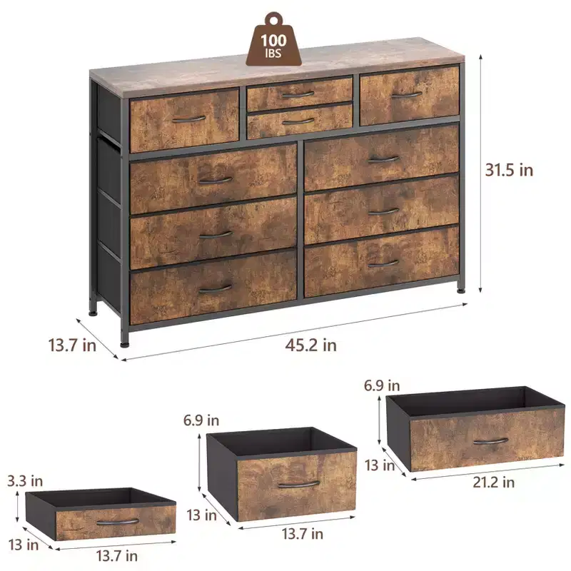 10 Drawers Fabric Dressers for Bedroom, 45 Wide Modern Chest of Drawers with Steel Frame & Wood Top, Large Storage Organizer with Fabric Bins