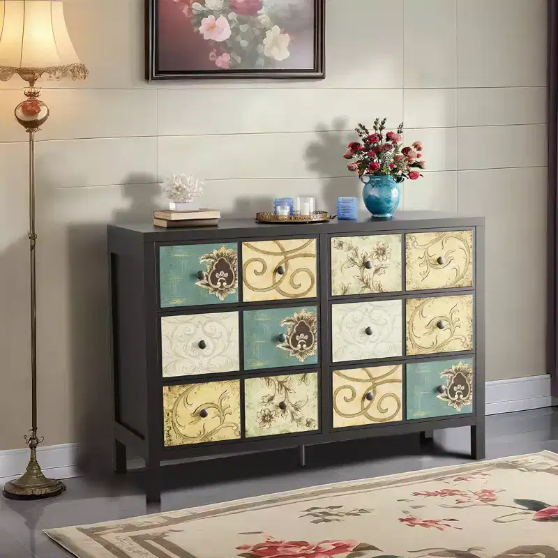 Wood Rustic Chest of 6 Drawers Dresser with Metal Handle and Retro Floral Pattern for Bedroom, Living Room, Floral Painted, Black