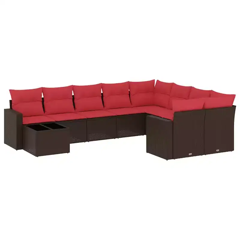vidaXL 10 Piece Patio Sofa Set with Cushions Brown Poly Rattan (US only) - Brown and Red