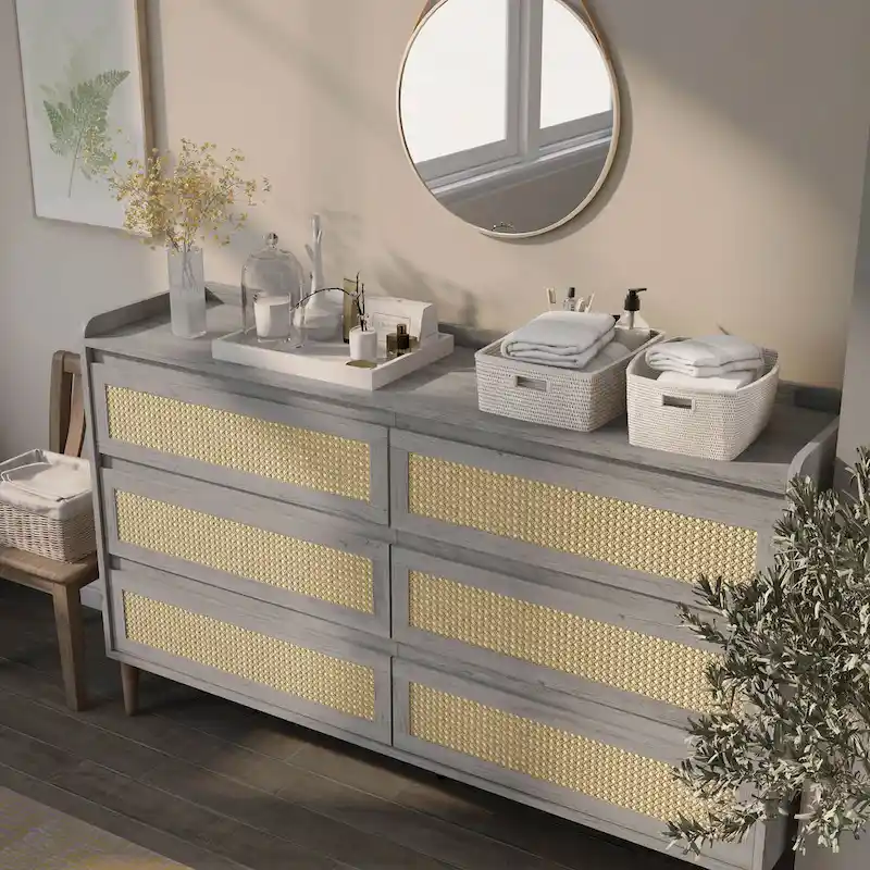 Black / Vintage Grey Oak Rattan 6-Drawer Dresser, 63
