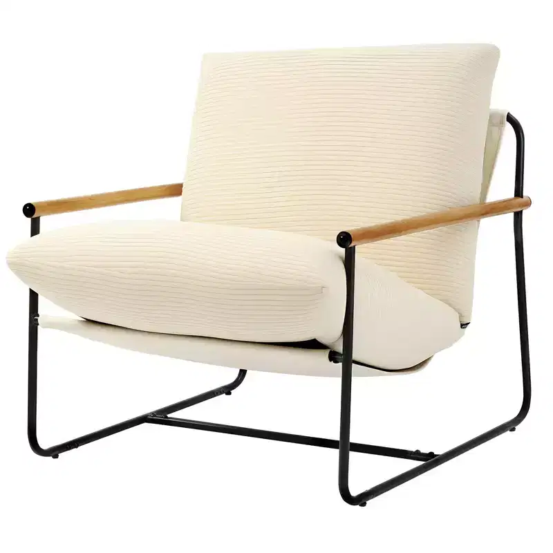 Modern Corduroy Upholstered Accent Chair with Metal Frame and Wood Armrests Beige