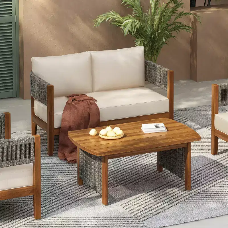 Christopher Knight Home Jett Patio Rustic Rope Weave Acacia Wood Loveseat and Coffee Table with Cushions