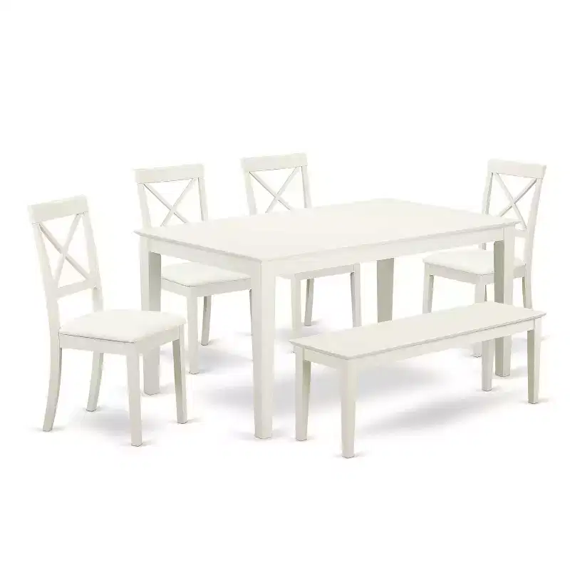 HomeStock 6-Piece Rectangle Linen White Finish Solid Wood Top Dining Table with 1 Bench, 4 Chairs