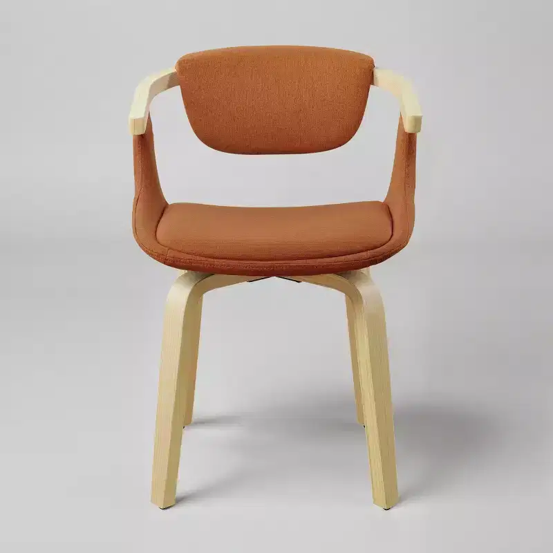 Fabric Upholstered Swivel Dining Chair with Wooden Armrests and Natural Finish