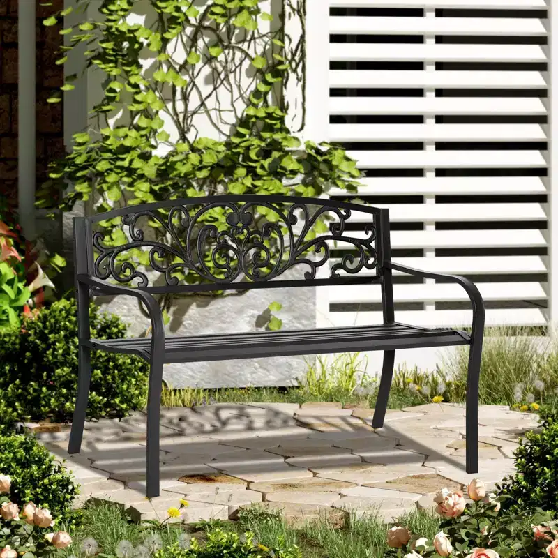 50 Outdoor Bench, Metal Garden Bench With Floral Pattern Backrest, Porch Bench With Slatted Seat