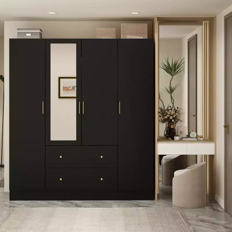 4-Door Mirrored Wardrobe Armoire with 2 Drawers & Hanging Rods - White