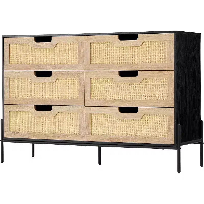 6 Drawer Rattan Dresser, Fluted Chest with Stable Legs, Anti-Tipping Storage Cabinet for Bedroom