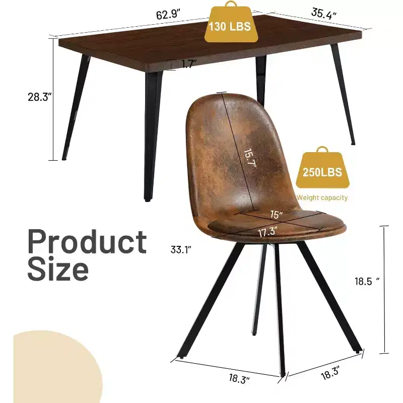 FurnitureR Modern 5-Piece Dining Set with 62.9 MDF Table & 360 Swivel Upholstered Chairs, Stable Metal Legs, Kitchen & Dining Room Furniture