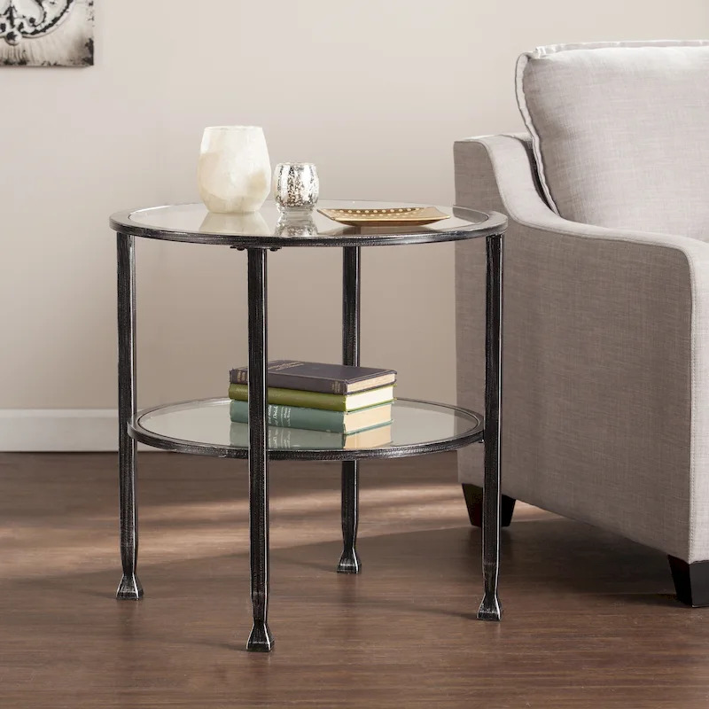 Round Side Table, Distressed Black Metal Frame, Glass Top + Bottom Shelf, Industrial Style