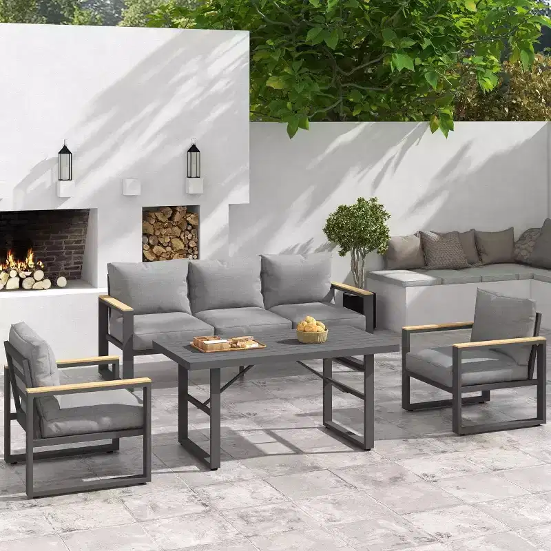 Heynemo Aluminum Patio Furniture Set, 4 Piece Outdoor Conversation Set with Dining Table, Metal Patio Furniture Set for Porch Backyard Garden