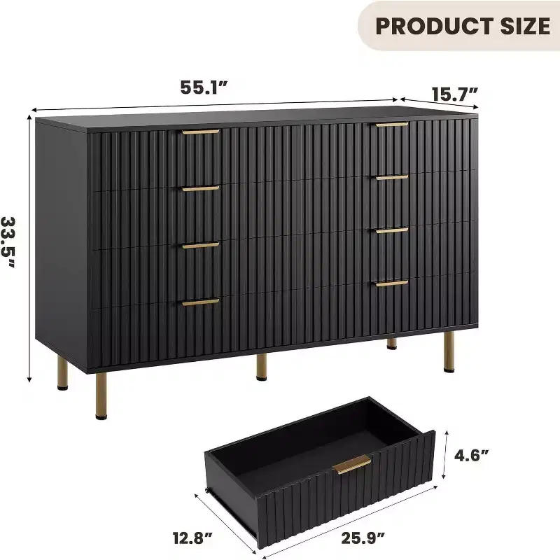 55 Fluted 8 Drawer Dresser, Modern Wooden Chest of Drawers with Gold Legs, Deep Storage Drawers for Bedroom, Living Room, Hallway