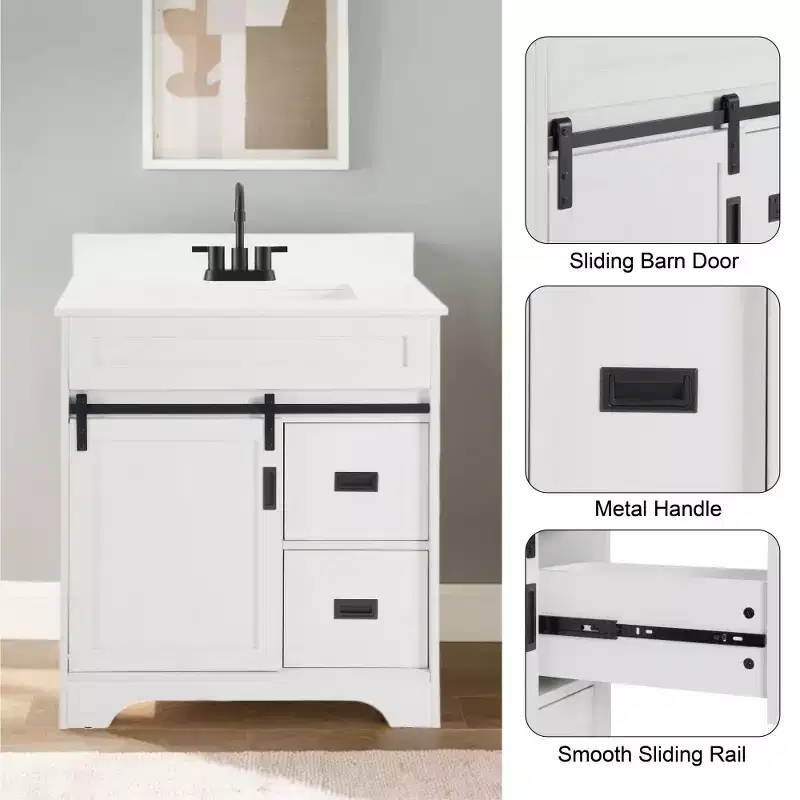 30 White Farmhouse Bathroom Vanity with Sliding Barn Doors, 2 Drawers, Freestanding Vanity with Protective Backsplash