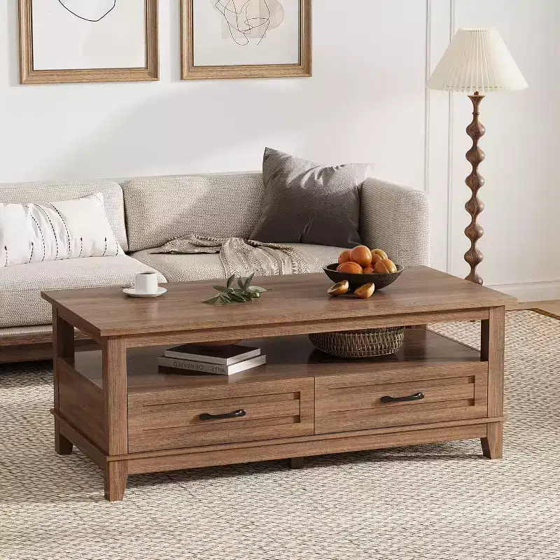 47.2 Farmhouse Coffee Table with Drawers and Open Shelf, Rustic Walnut Wood Grain Finish, Sturdy 6-Leg Center Table for Living Room
