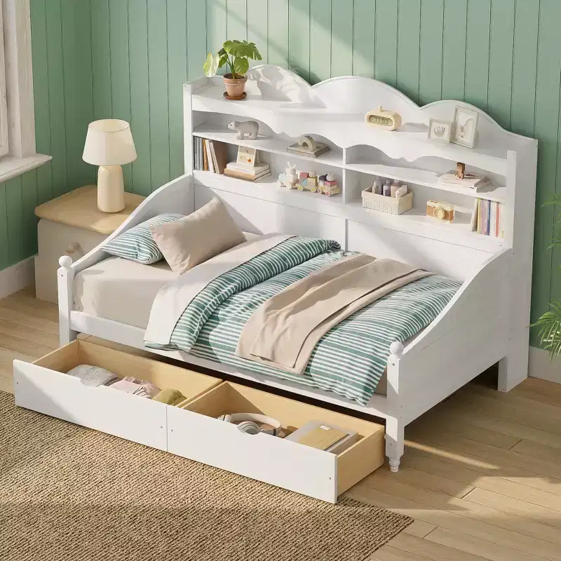Twin Daybed with Storage Drawers and Headboard Shelves, Wooden Day Bed Frame, White