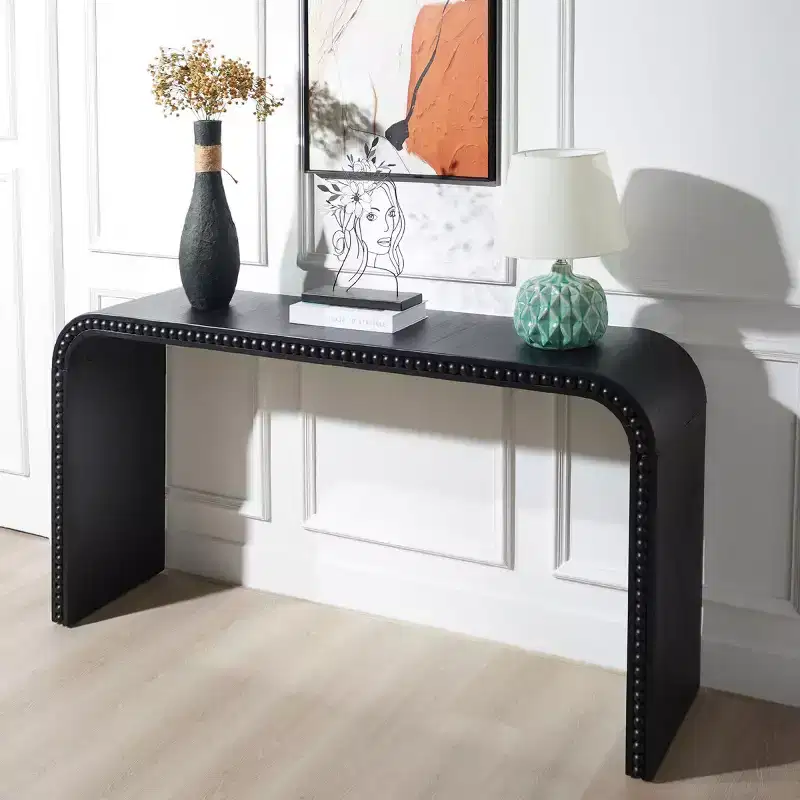 59 Waterfall Console Table with Beaded Trim, Boho Farmhouse Long Curved Entryway Table for Living Room, Foyer