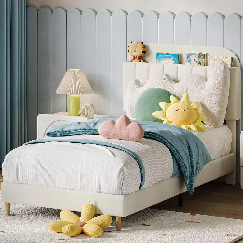 Bed Frame with Storage Bookcase Headboard, Upholstered Platform Bed Frame Noise-Free, Easy Assembly, No Box Spring Needed