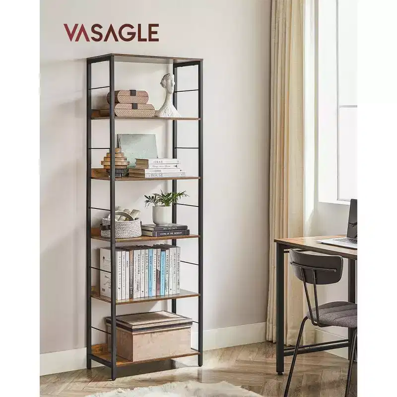 6-Tier Industrial Bookshelf with Back Panels, Rustic Brown and Black, 11.8