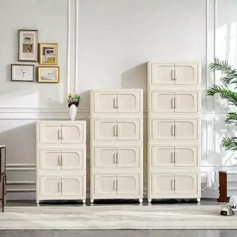 19.69 Side 3 Tiers Plastic Folding Stoarge Cabinet with Magnetic Door Wheels Cream White for Living Room