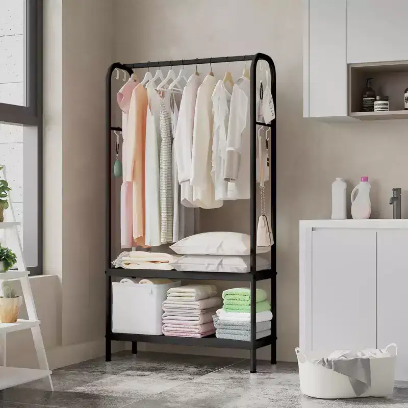 Gold Clothing Rack, Heavy Duty Garment Rack Freestanding Coat Rack for Hanging Clothes Metal Clothes Hanger with Double Shelves for Bedroom, Office