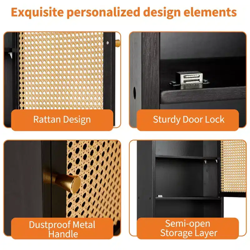 Wall Mounted Bamboo Bathroom Cabinet with Rattan Doors, Above Toilet Storage Medicine Cabinet with Adjustable Shelf, Space Saver for Laundry