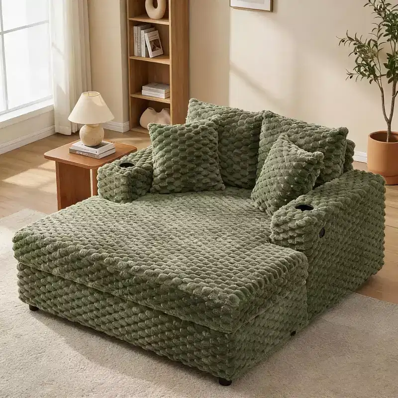 60 Inch Oversized Indoor Chaise Lounge, Upholstered Sleeper Sofa with Pillows & Armrests, Cozy Reading Chair for Living Room Bedroom, Green