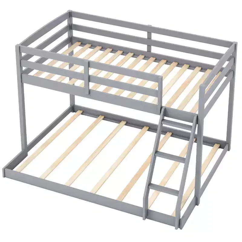 Twin Over Full Bunk Bed with Integrated Ladder & Safety Guardrails Solid Wood Gray/White