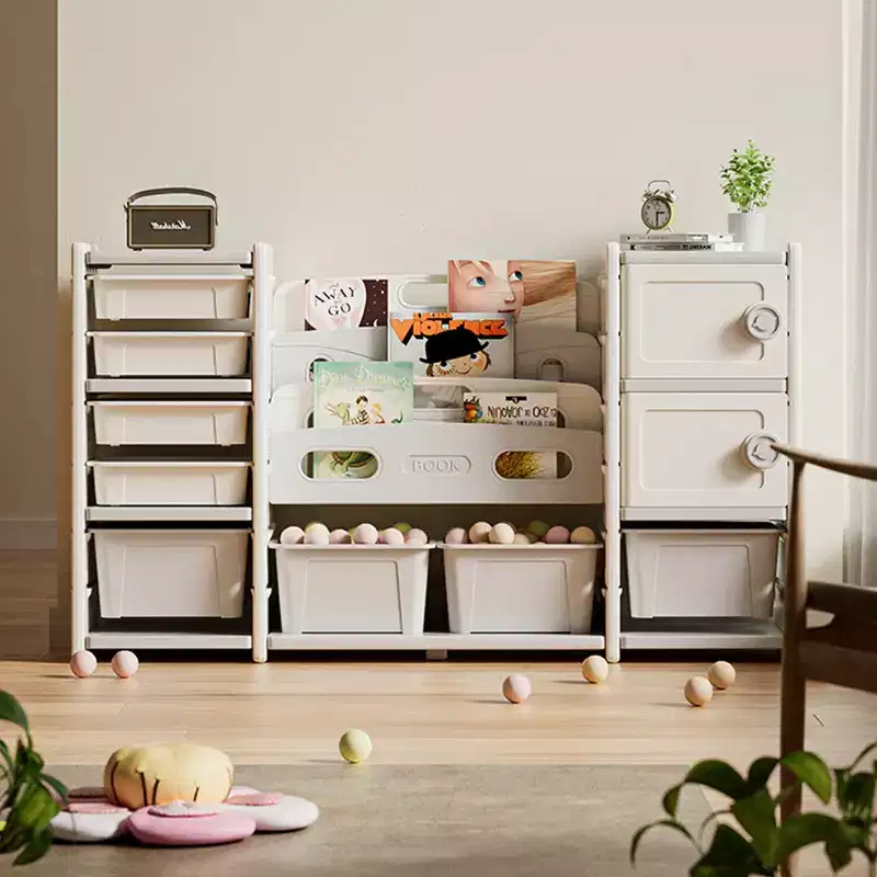 Whisen Kids Toy Storage Organizer, 8 Storage Cabinet Toy Bins, 4-Tier Book Storage and 2 Cabinet Storage - Gray & Ivory