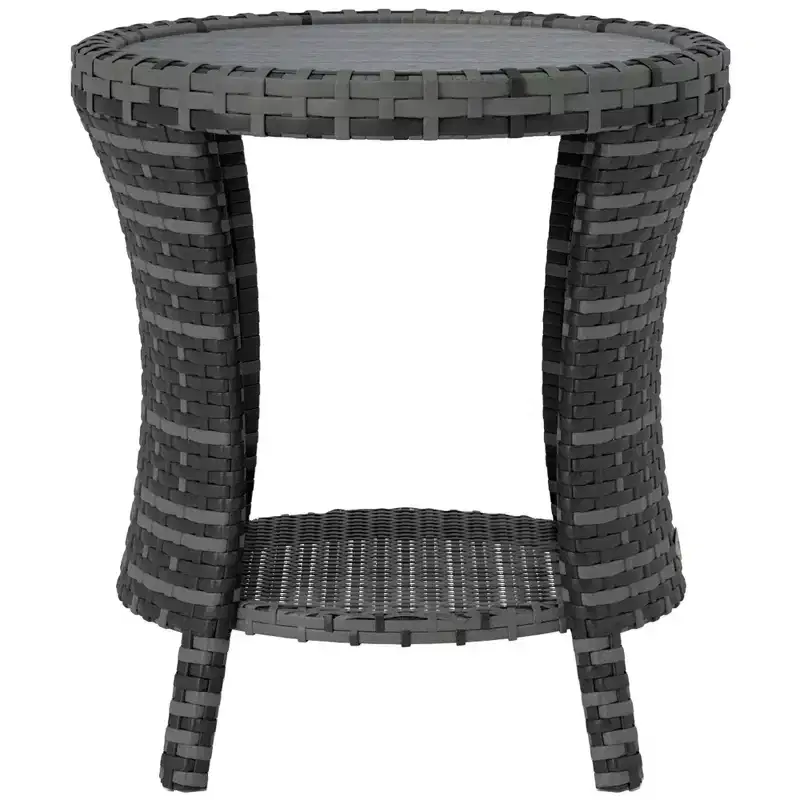 18 Wicker Outdoor Coffee Table, PE Rattan Patio Side Table with 2-Tier Storage, Composite Wood Top