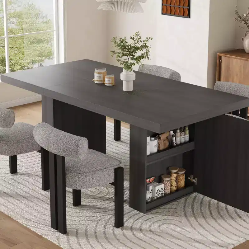 70.8'' Modern Rectangular Dining Table for 6-10, Spacious Tabletop, Fluted Legs, Built-in Storage, Contemporary Home Furniture,Grey/Natural/Nut-Brown