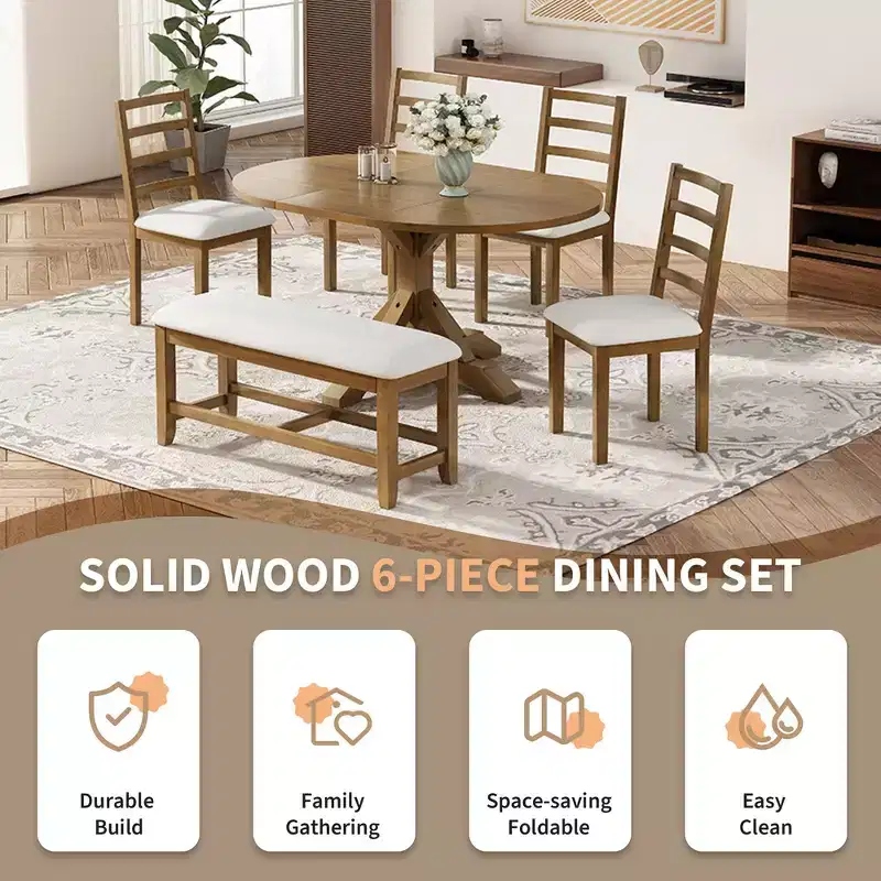 Whisen Farmhouse 6-Piece Dining Table Set, Kitchen Dining Sets with Extendable Dining Table, 1 Bench and 4 Ladder Back Dining Chairs
