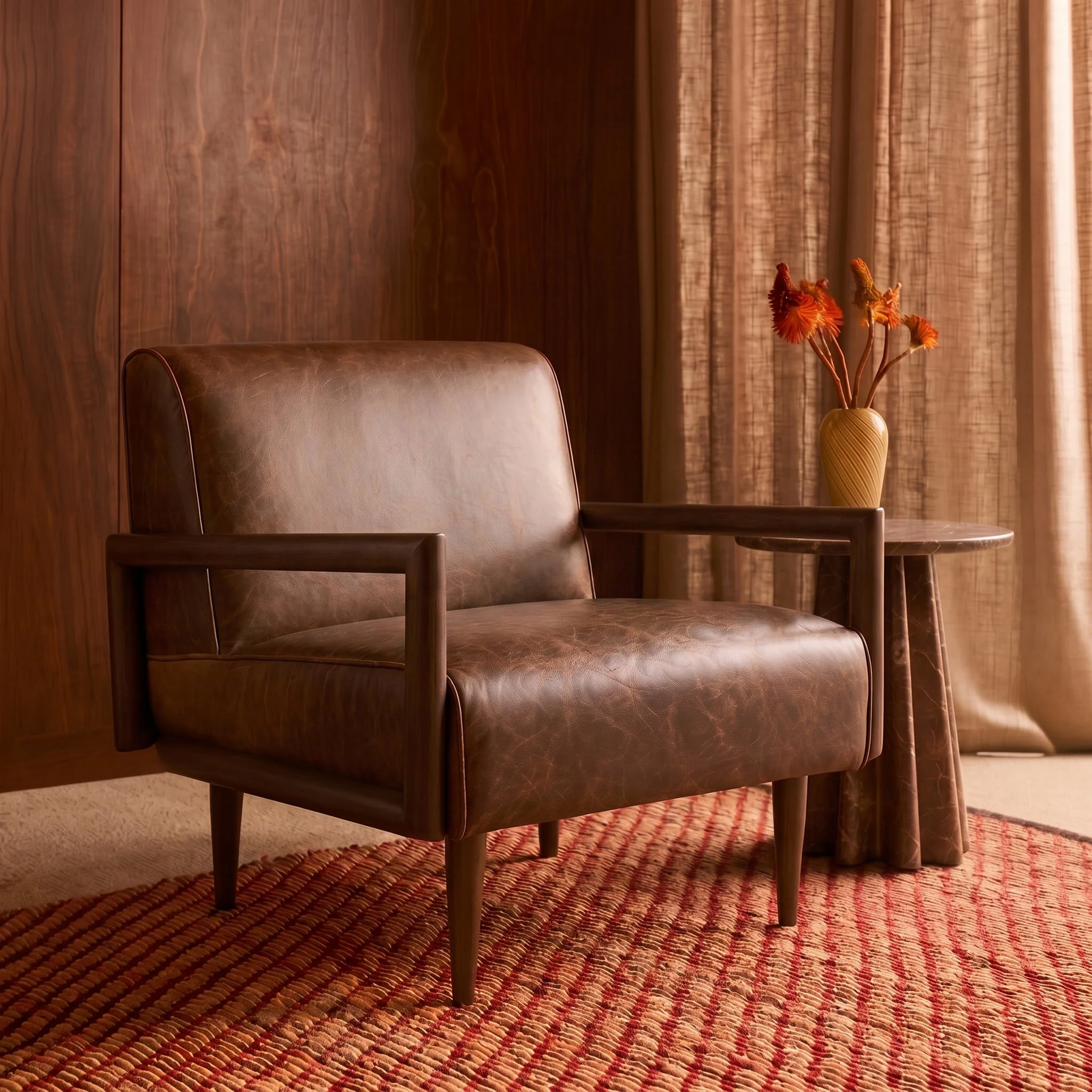 Modern Chocolate Brown Leather Lounge Chair with Kiln-Dried Wood Frame